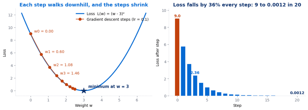 Gradient descent on the loss curve (w - 3) squared, with steps from w = 0 moving towards the minimum at w = 3 and a bar chart of loss falling from 9 to 0.0012 in 20 steps