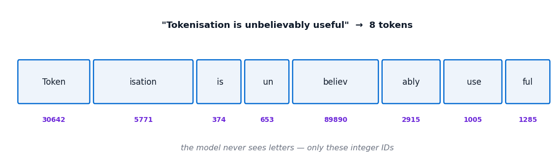 Tokenisation diagram splitting a sentence into eight tokens, each shown with an illustrative integer ID beneath it