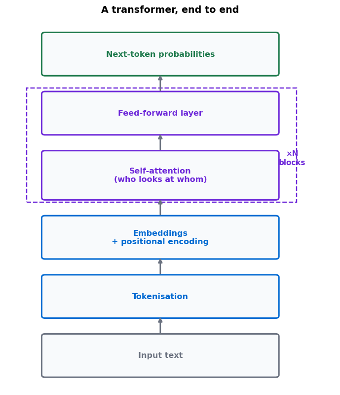 Transformer architecture diagram from input text through tokenisation, embeddings, repeated self-attention and feed-forward blocks, to next-token probabilities